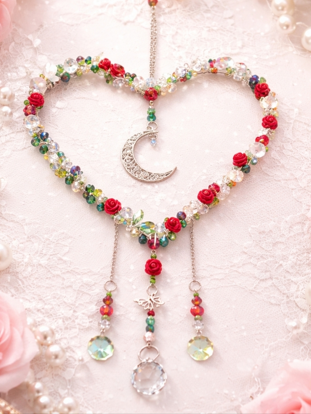 Handmade Red & Green Floral Crystal Heart Suncatcher - Home Decor